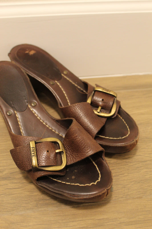 Frye Brown Leather Slide Sandals