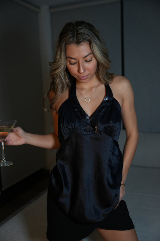 Black Rhinestoned Satin Top