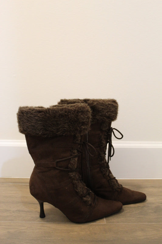 Y2K Brown Fur Heeled Booties SZ 6