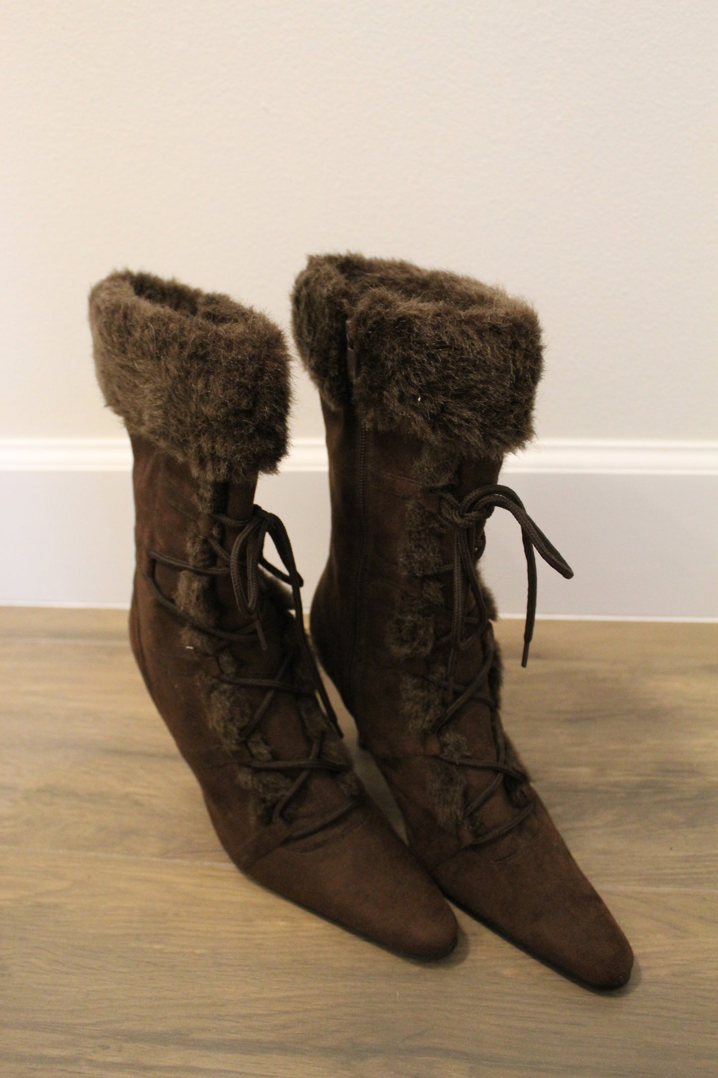 Y2K Brown Fur Heeled Booties SZ 6