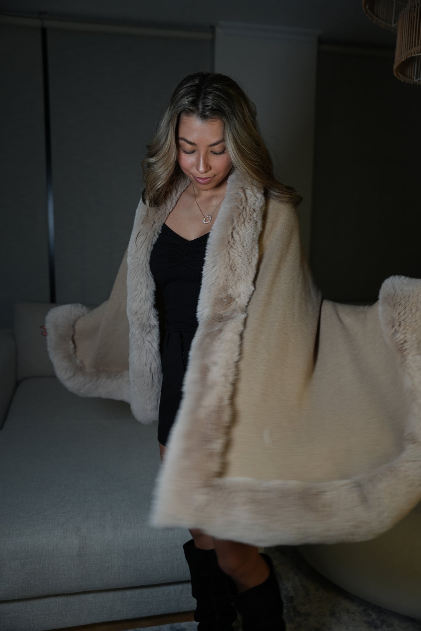 Beige Fur Trimmed Cape