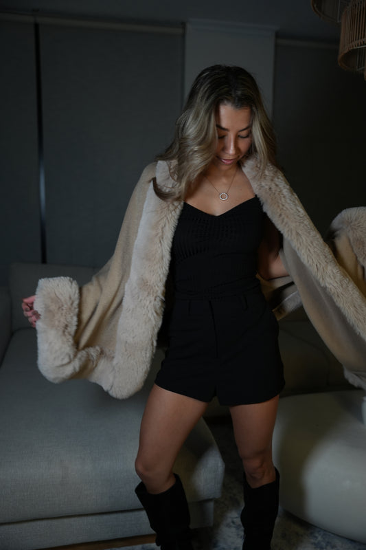 Beige Fur Trimmed Cape