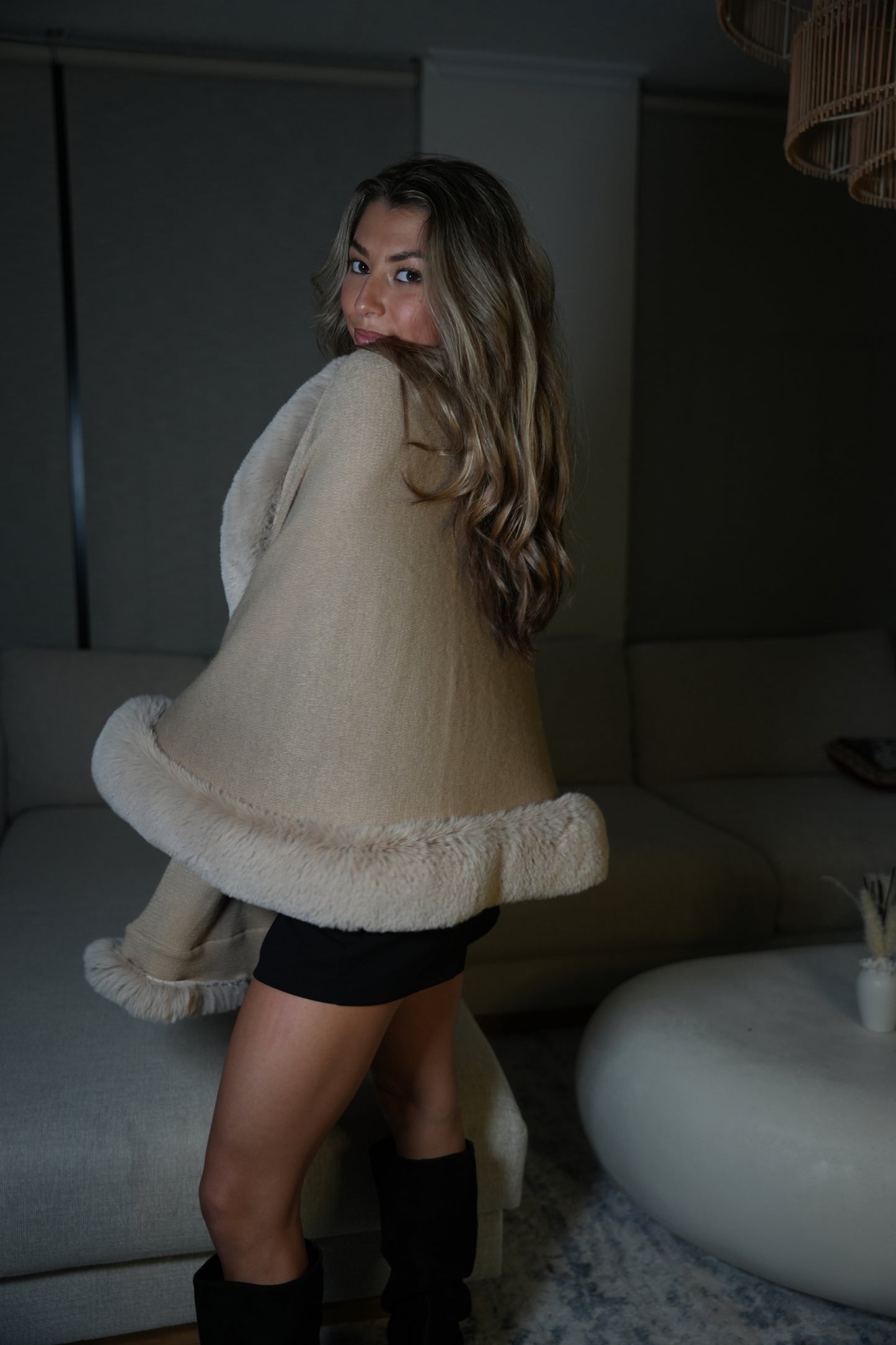 Beige Fur Trimmed Cape